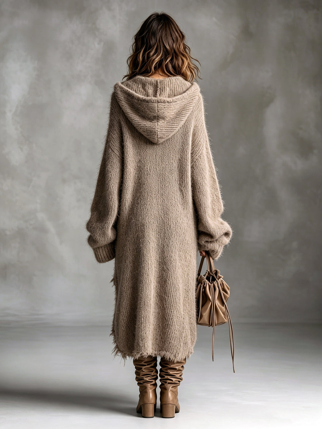 Chic Elegant Brown Hooded-Collar Dropped Shoulder Long-Sleeve Asymmetrical Hem Raw Edge Detail Oversize Fuzzy Knit Midi Dress