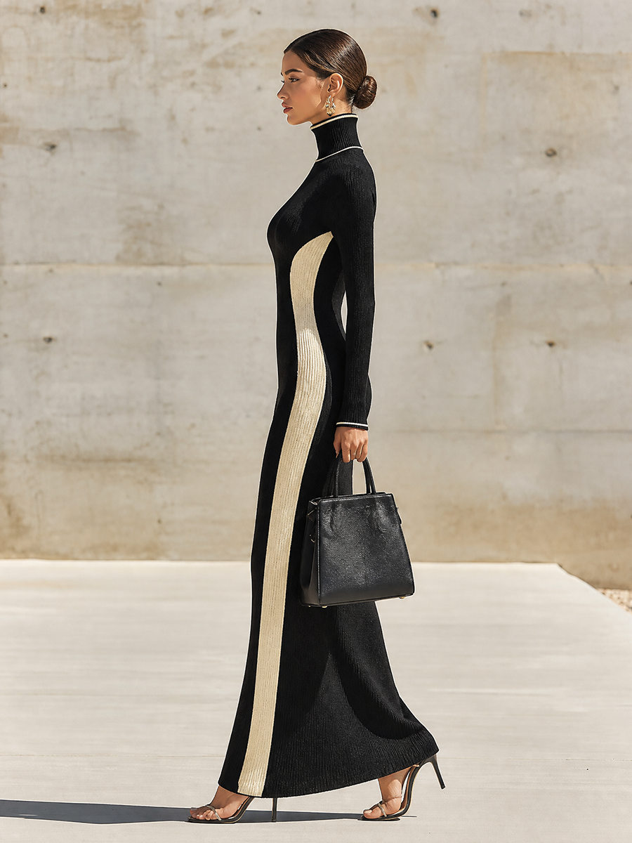 Women's Two-Tone Black Off White Stretch Knit Maxi Gown With Contrast Trim Turtleneck & Vertical Side Stripe, Sophisticated Slim Fit Long Sleeve Sweater Dress MDZ2767G7LYL