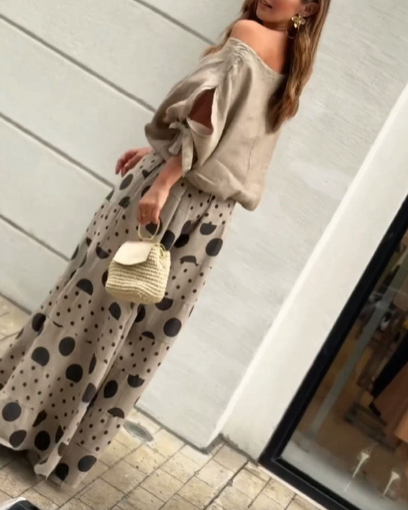 Casual Two-Piece Set with Off-the-Shoulder Top and Printed Pants
