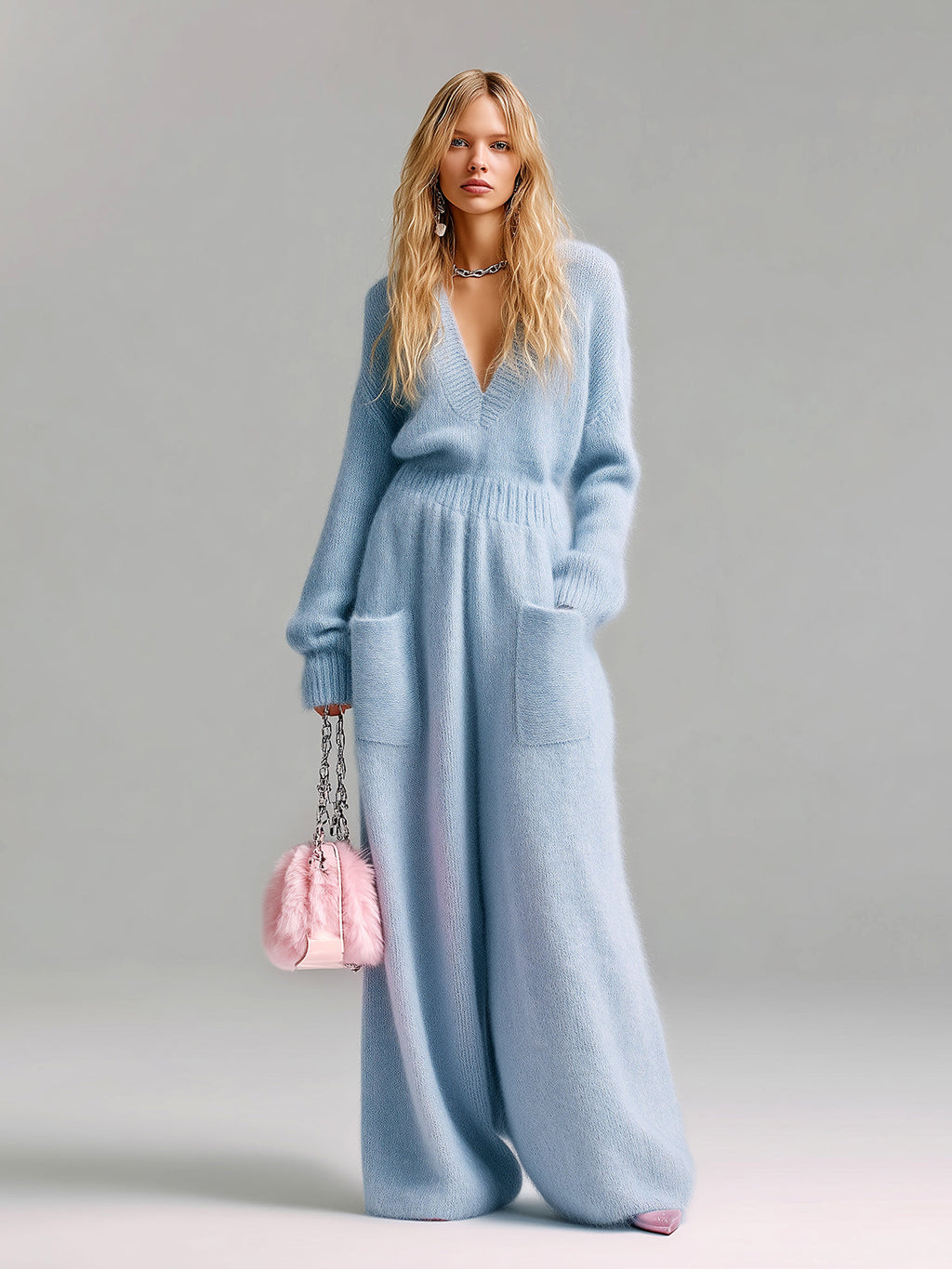 Chic Elegant Baby Blue Deep V-Neck Long Sleeve Patch Pocket Oversized Fuzzy Knit Wide-Leg Jumpsuit