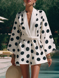 White Polka Dot V-Neck Long Sleeve Resort Jumpsuit