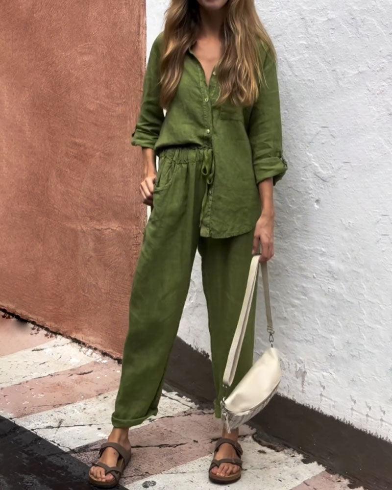 Casual Solid-Color V-Neck Cotton and Linen Two-Piece Set