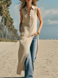 Oatmeal Boho Sleeveless Top Cotton Linen with Half-Open Button Placket