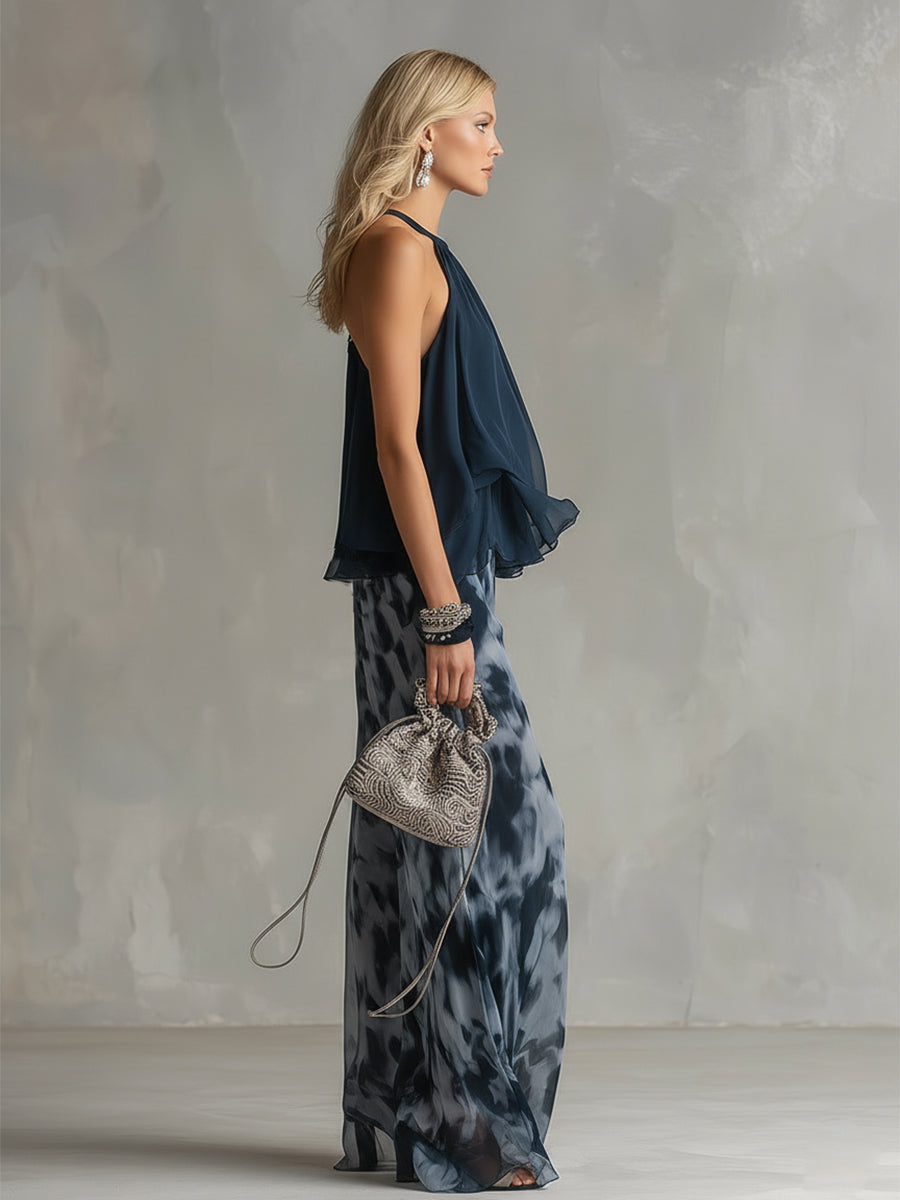 Ludovica | Elegant Set with Halter Top and Wide Printed Trousers