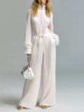 Chic Vintage Ivory Zipper-Up Stand Collar Belted Long Sleeve Loose-Fit Wide-Leg Fuzzy Knit Jumpsuit