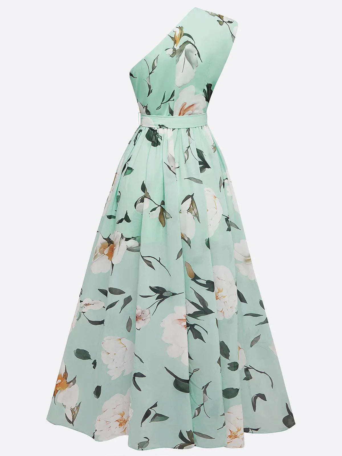 Light Green Floral One Shoulder Ruffled Chiffon A-Line Maxi Dress