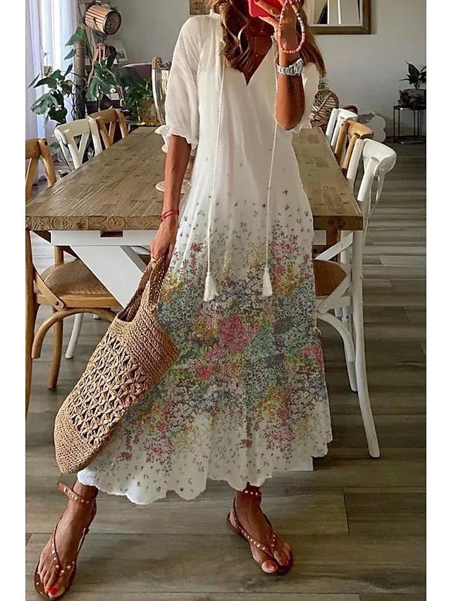 Loose Printed V-Neck Casual Long Dress