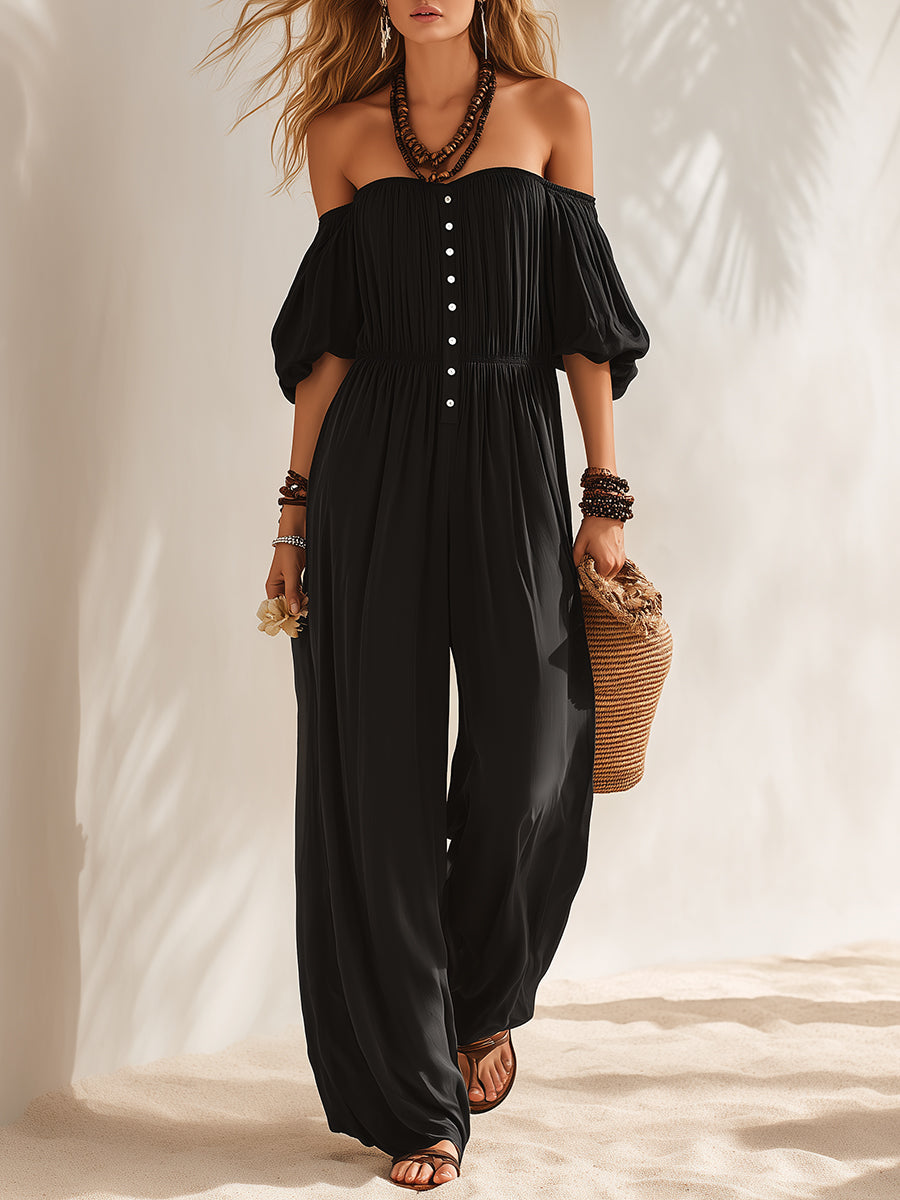 Bohemian Black Off-the-Shoulder Balloon Sleeve Loose Fit Jumpsuit