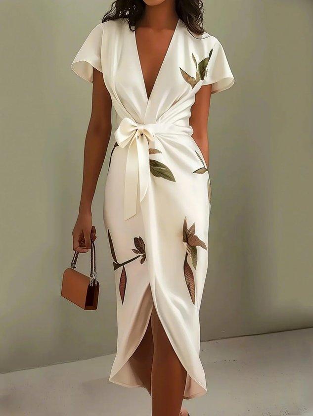 White Satin Leaf Print Short-Sleeve Midi Dress