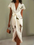 White Satin Leaf Print Short-Sleeve Midi Dress