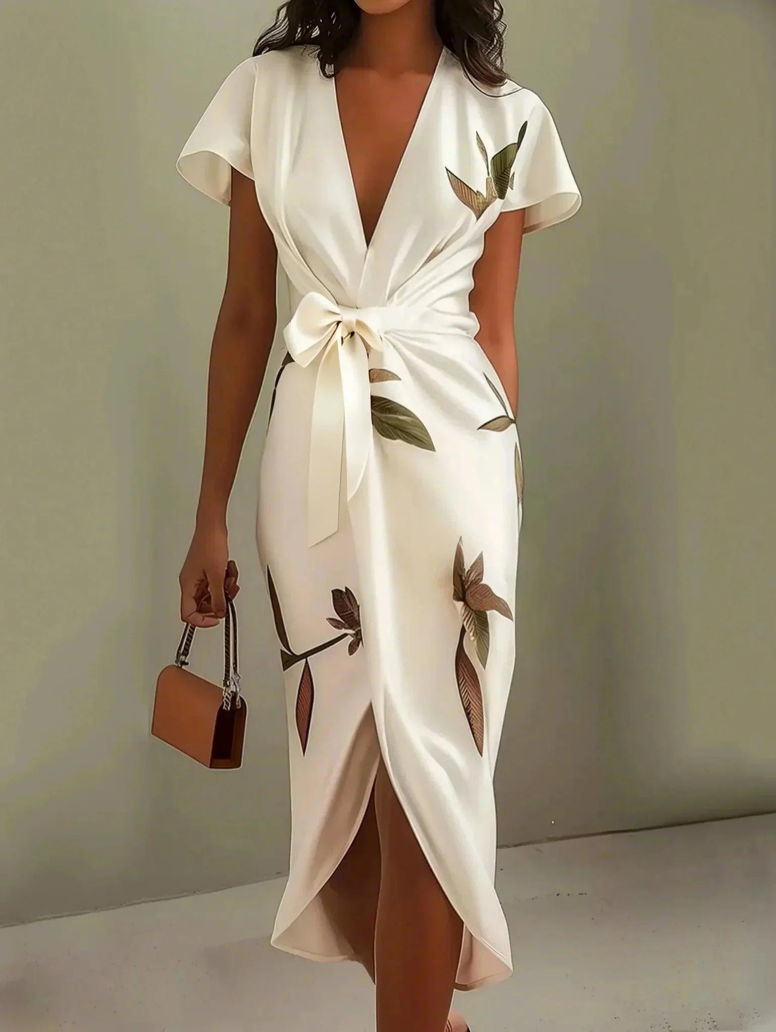 White Satin Leaf Print Short-Sleeve Midi Dress