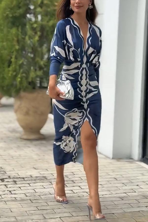 Midi Dress with Unique Print Long Dolman Sleeves and Slit