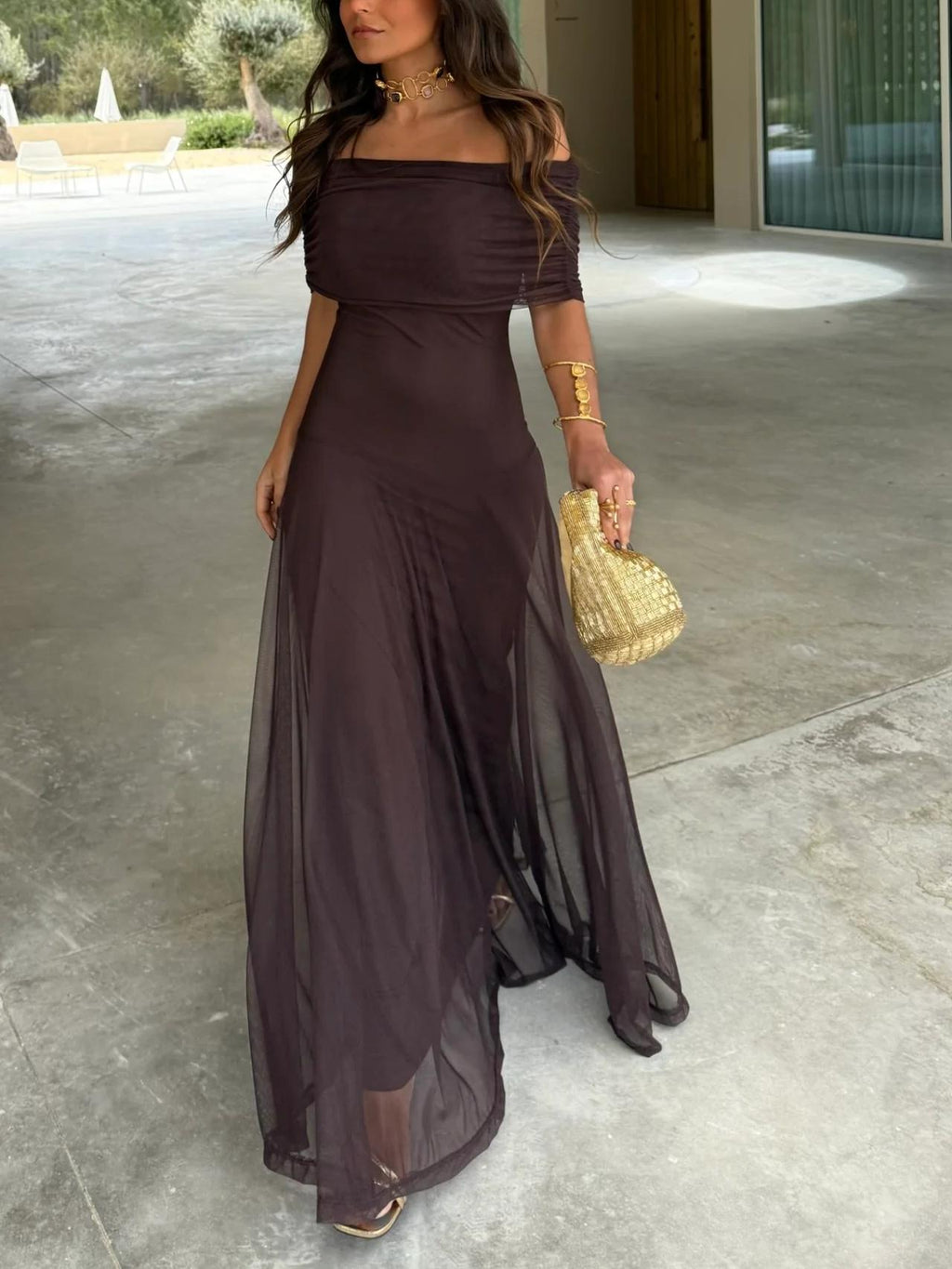Brown One-Shoulder Mesh Maxi Dress