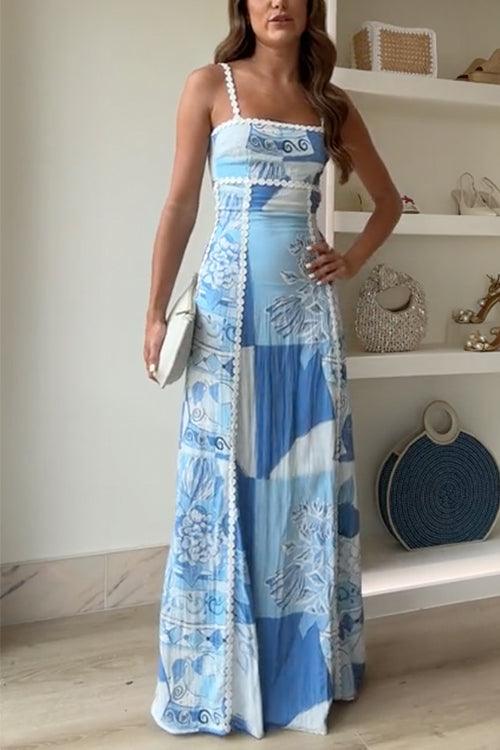 Printed Ric Rac Trim Cami Maxi Dress with Back Tie and Cut-out