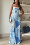 Printed Ric Rac Trim Cami Maxi Dress with Back Tie and Cut-out