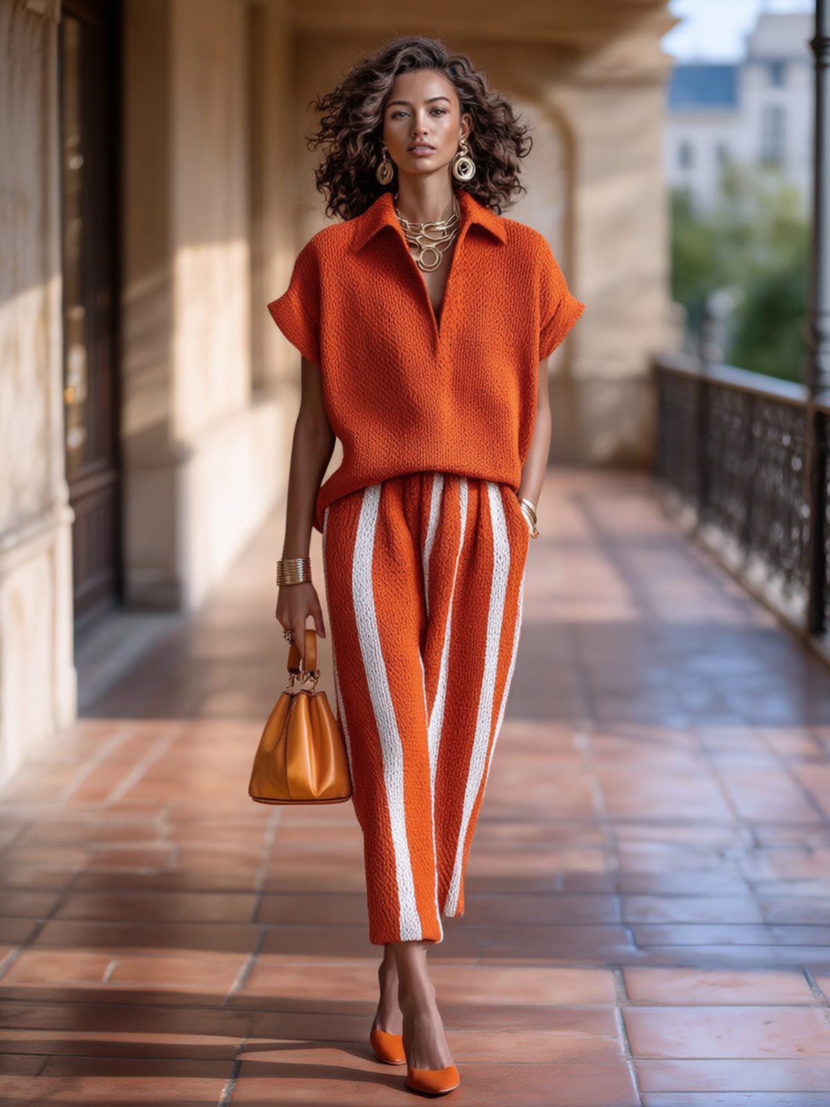 Chic Elegant Orange-White Colorblock Lapel V-Neck Short-Sleeve Loose-Fit Sweater Elastic-Waist Pants Knit Two-Piece Set