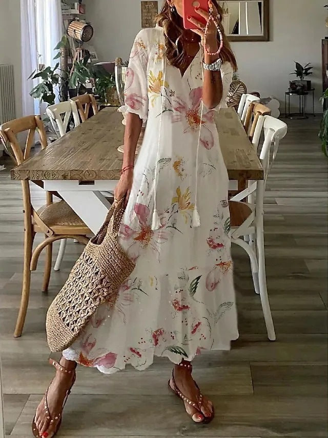 Loose Printed V-Neck Casual Long Dress