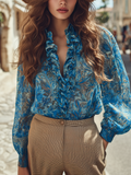 Romantic Bohemian Blue Printed Chiffon Blouse with V-Neck and Ruffles