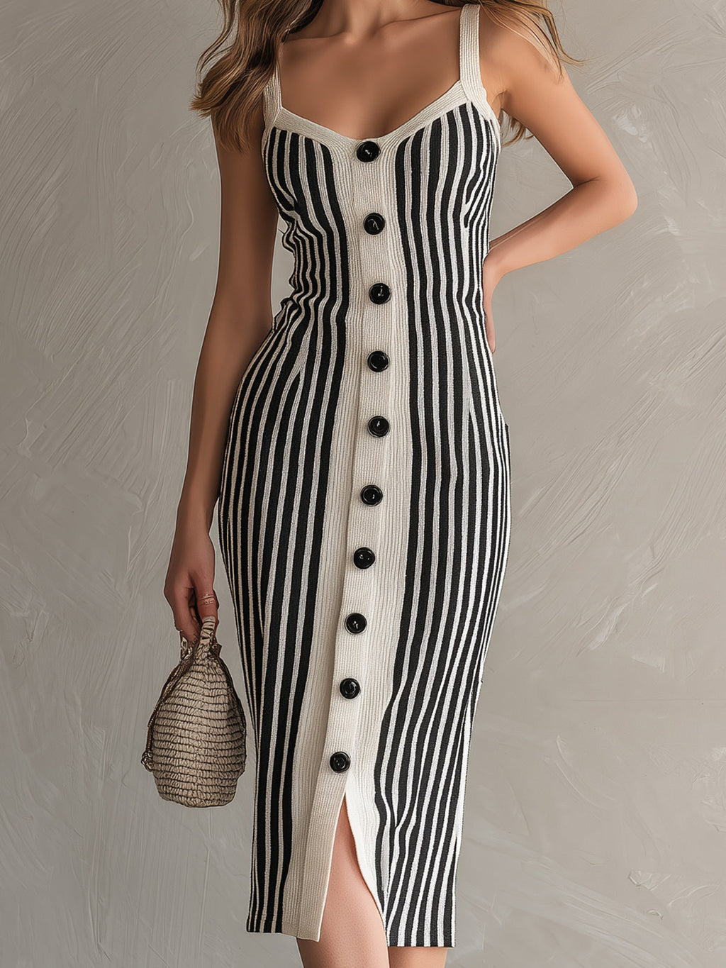Chic Elegant Cream White-Black Stripes Square Neck Sleeveless Button-Front Slim-Fit Knit Midi Dress