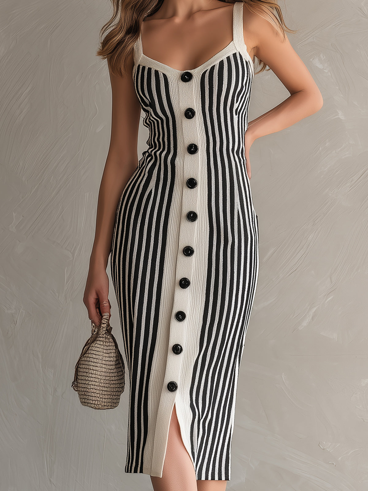 Chic Elegant Cream White-Black Stripes Square Neck Sleeveless Button-Front Slim-Fit Knit Midi Dress