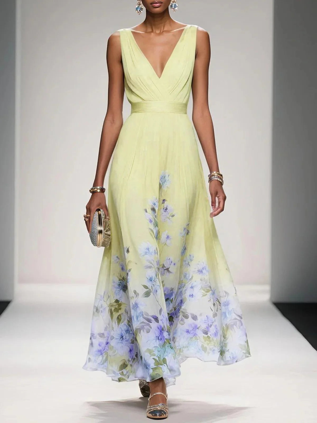 Floral Sky Blue Chiffon V-Neck Sleeveless Maxi Dress