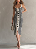 Chic Elegant Cream White-Black Stripes Square Neck Sleeveless Button-Front Slim-Fit Knit Midi Dress