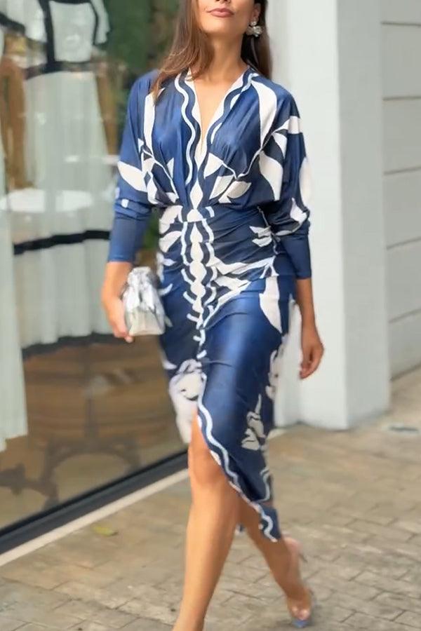 Midi Dress with Unique Print Long Dolman Sleeves and Slit
