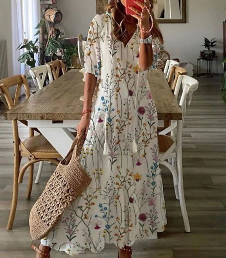 Loose Printed V-Neck Casual Long Dress