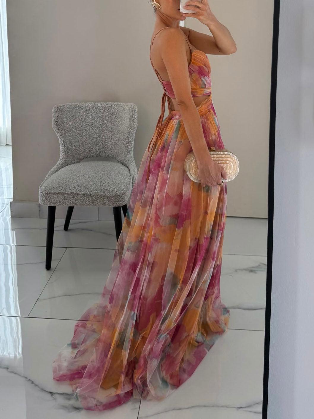 Painted Floral Print V-Neck A-Line Maxi Dress