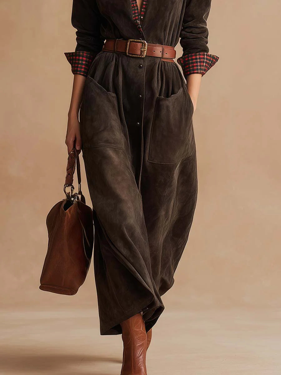 Retro Dark Brown Suede Patchwork Plaid Collared Dress (Belt Included)
