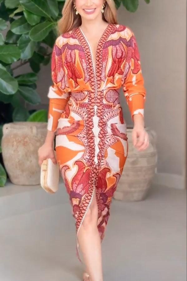 Midi Dress with Unique Print Long Dolman Sleeves and Slit