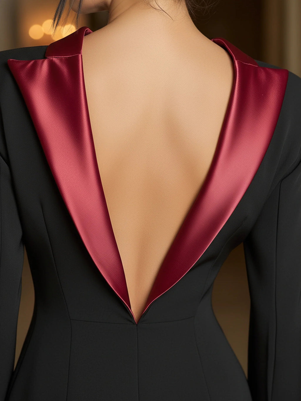 Black Blazer Dress with Deep Burgundy Satin Trim and Open-Back Detail