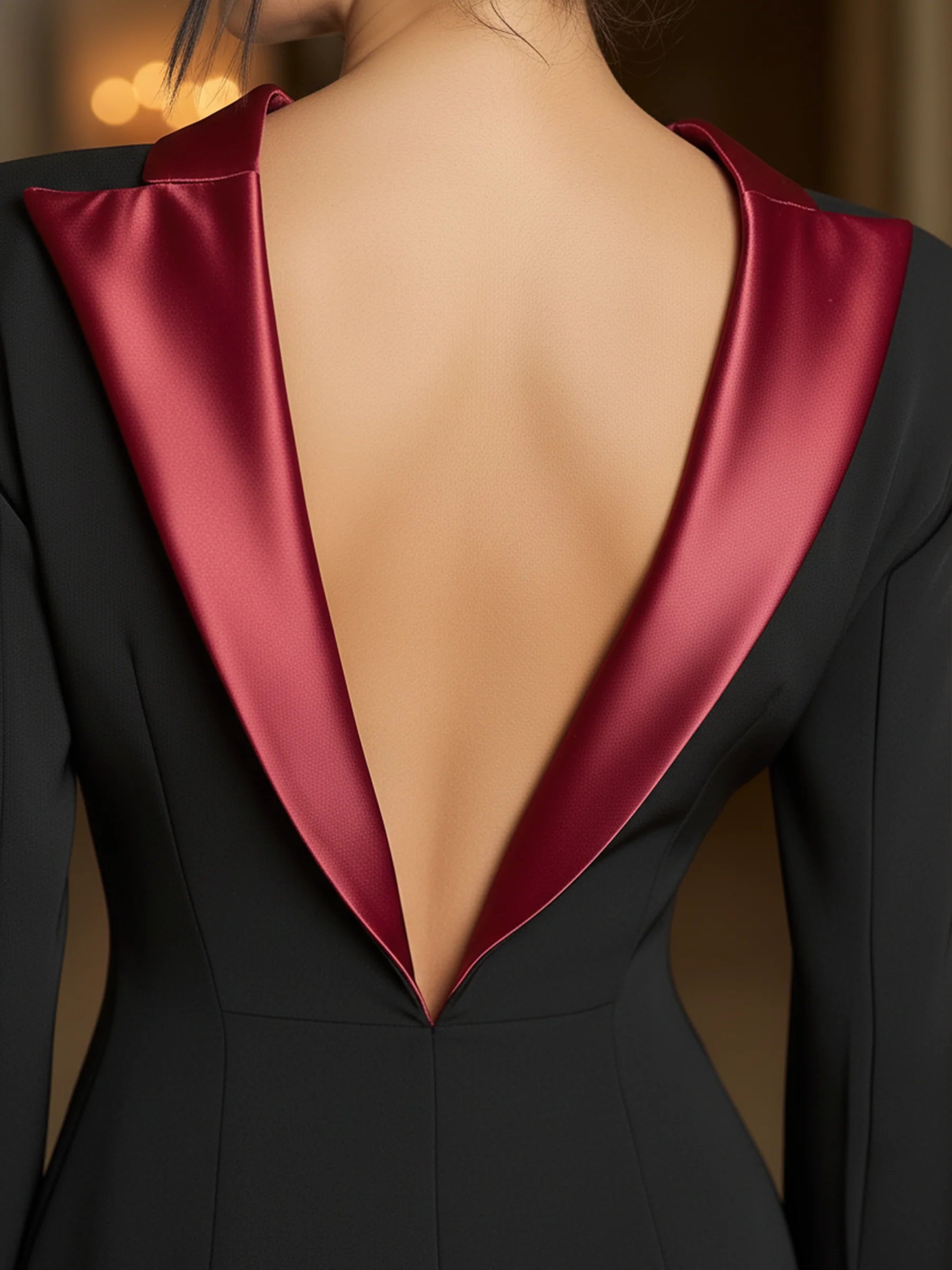 Black Blazer Dress with Deep Burgundy Satin Trim and Open-Back Detail