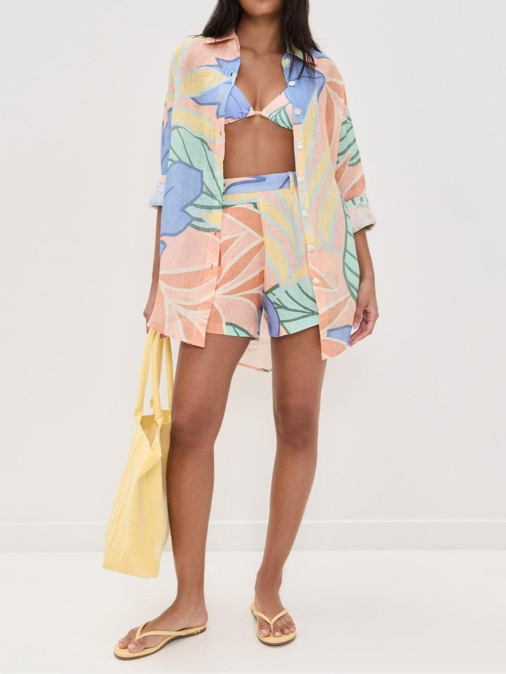 Boyfriend-Style Tropical Leaf Printed Short Set