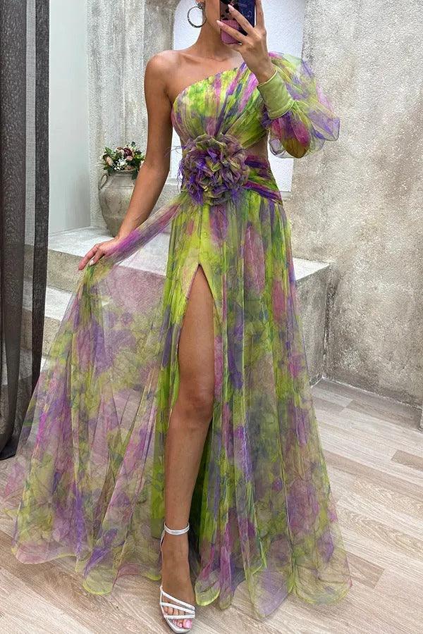 One-Shoulder Pleated Floral Tulle Maxi Dress with Slit