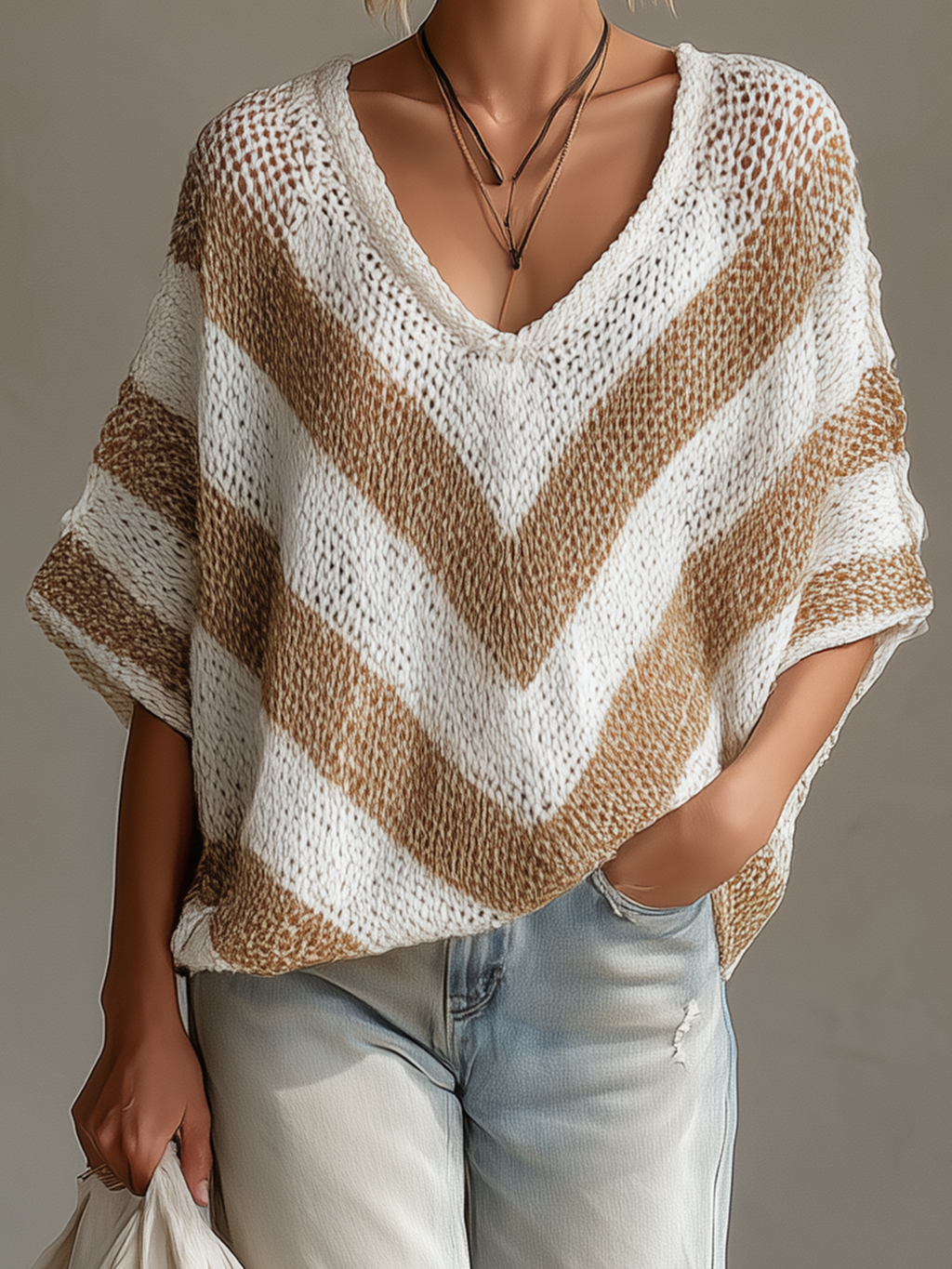 Chic Casual White-Beige Stripes V-neck Short-sleeved Loose-Fit Knit Sweater