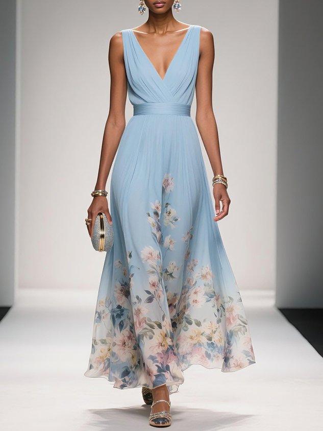 Floral Sky Blue Chiffon V-Neck Sleeveless Maxi Dress