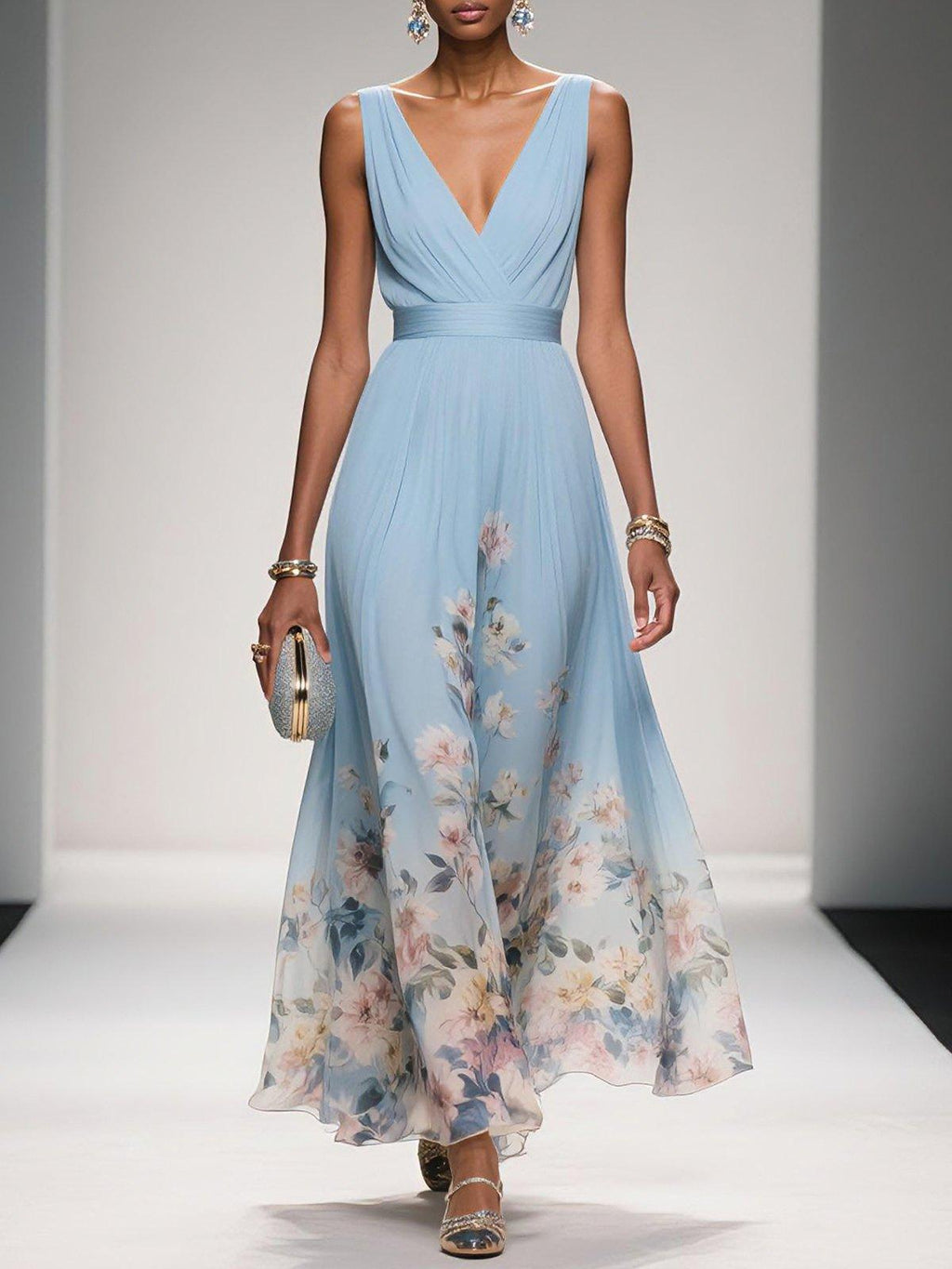 Floral Sky Blue Chiffon V-Neck Sleeveless Maxi Dress