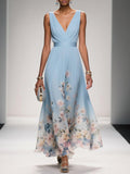 Floral Sky Blue Chiffon V-Neck Sleeveless Maxi Dress