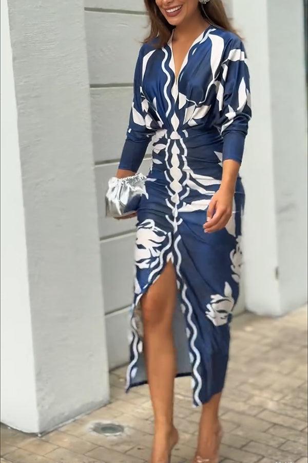 Midi Dress with Unique Print Long Dolman Sleeves and Slit