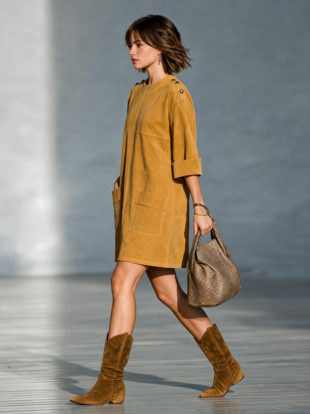 Women's Vintage-Style Faux Suede Mini Dress With Shoulder Buckle Detail And Mid-Length Sleeves MDZ1940H9WY