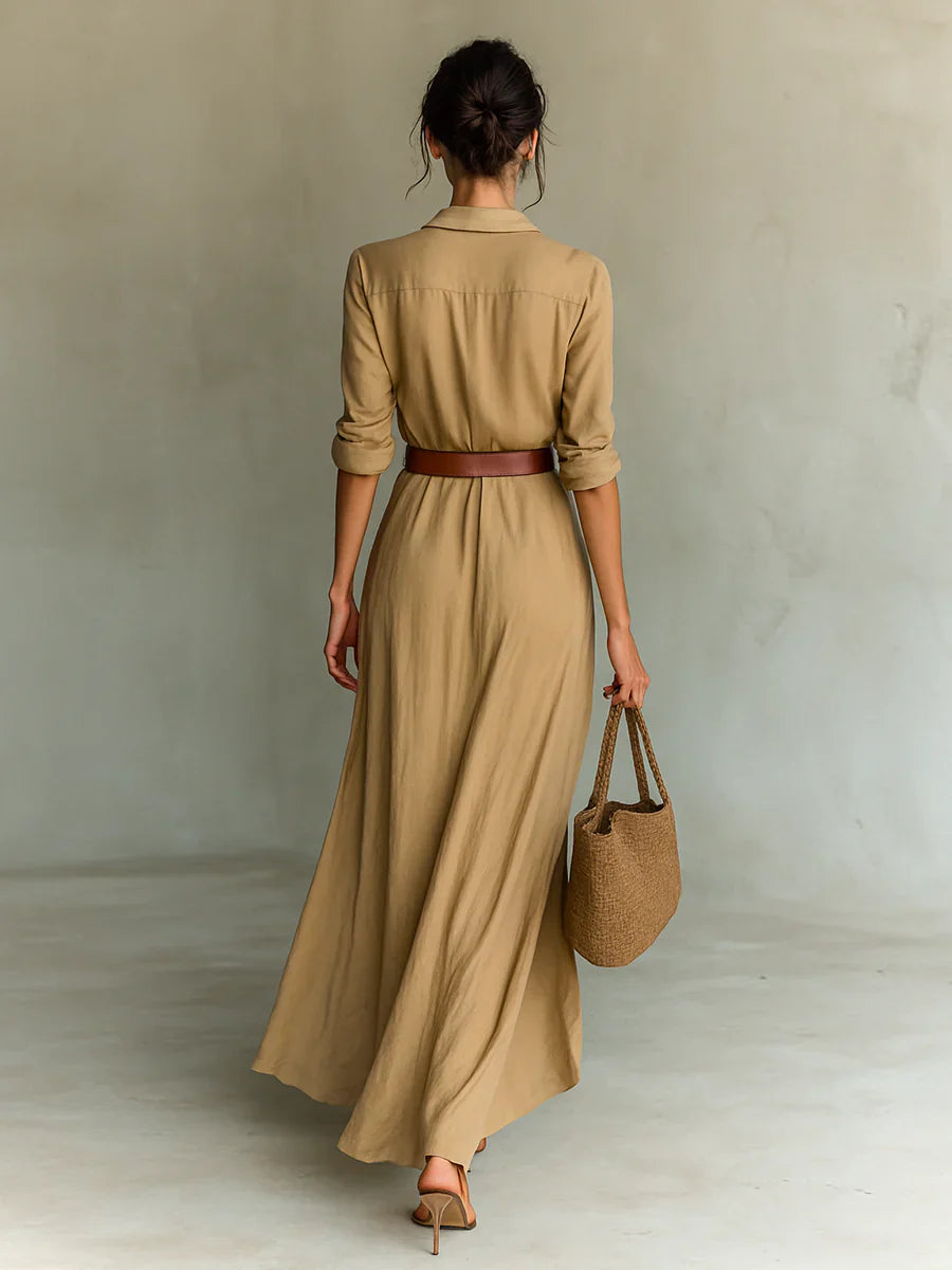 Maxi Shirt Dress with Lapel, Long Sleeves and Belt