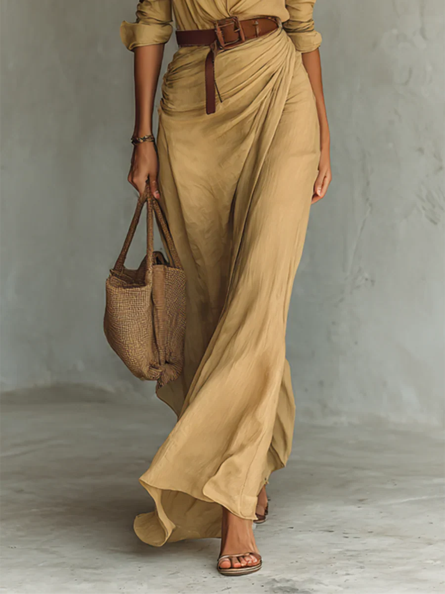 Maxi Shirt Dress with Lapel, Long Sleeves and Belt