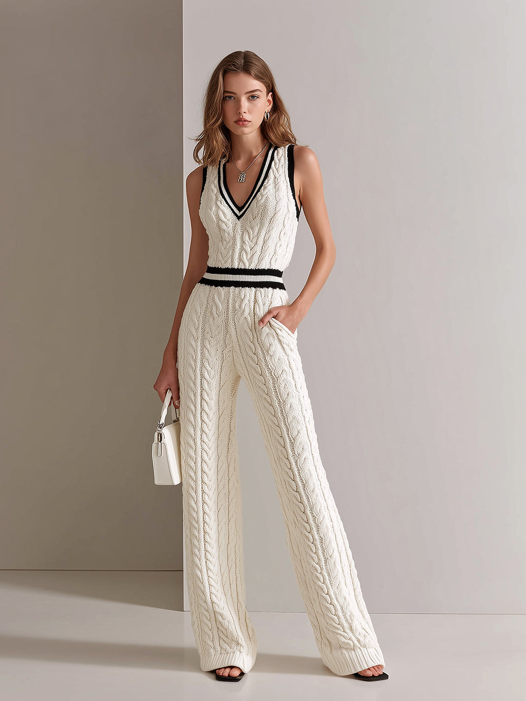 Chic Elegant Cream White V-Neck Sleeveless Contrast Trim Detail Elastic-Waist Loose-Fit Cable Knit Jumpsuit