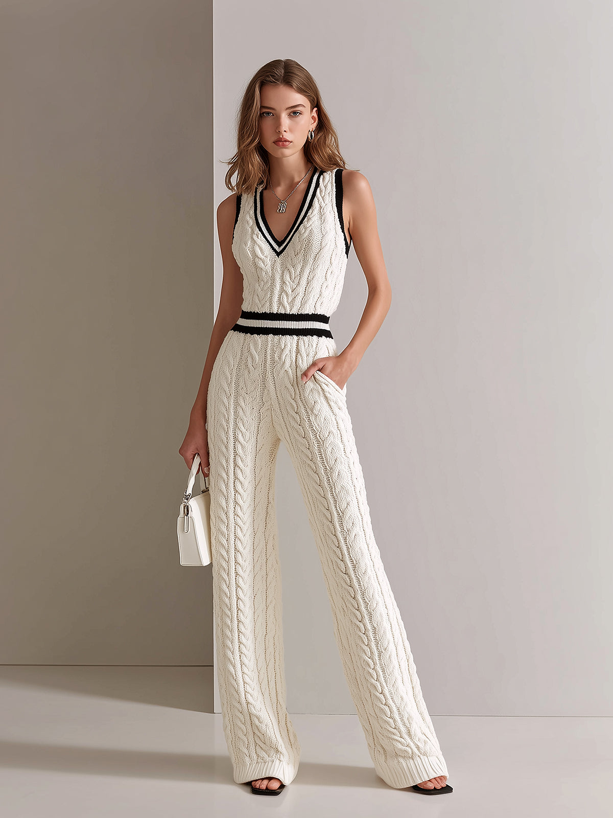 Chic Elegant Cream White V-Neck Sleeveless Contrast Trim Detail Elastic-Waist Loose-Fit Cable Knit Jumpsuit