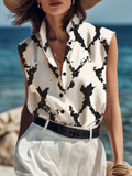 Satin Chic Sleeveless Geometric Print Vacation Shirt