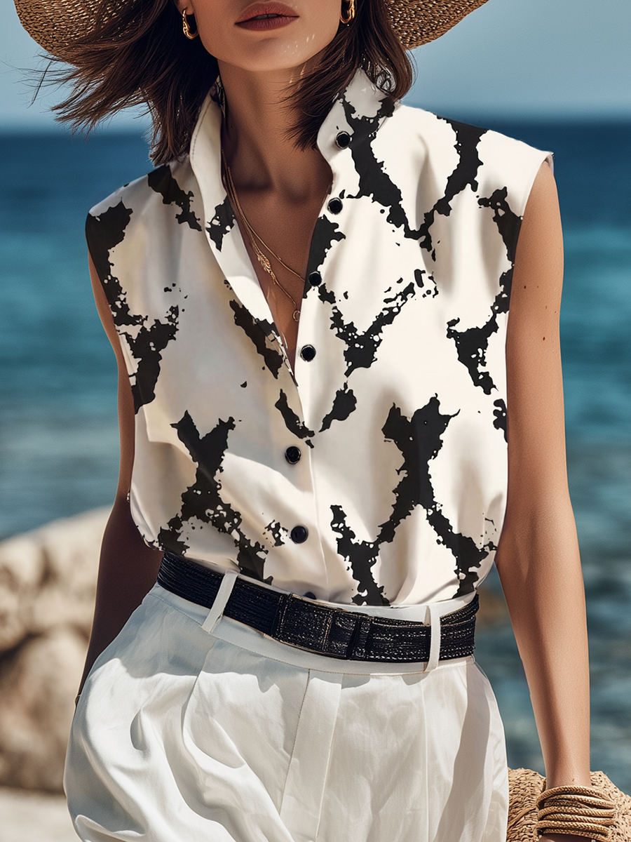Satin Chic Sleeveless Geometric Print Vacation Shirt