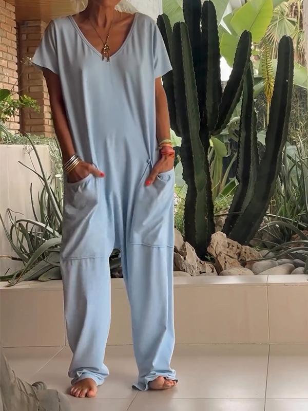 Solid Color V-Neck Casual Jumpsuit