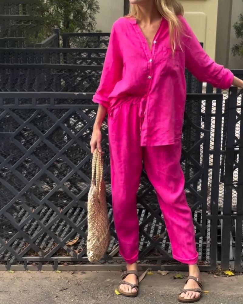 Casual Solid-Color V-Neck Cotton and Linen Two-Piece Set