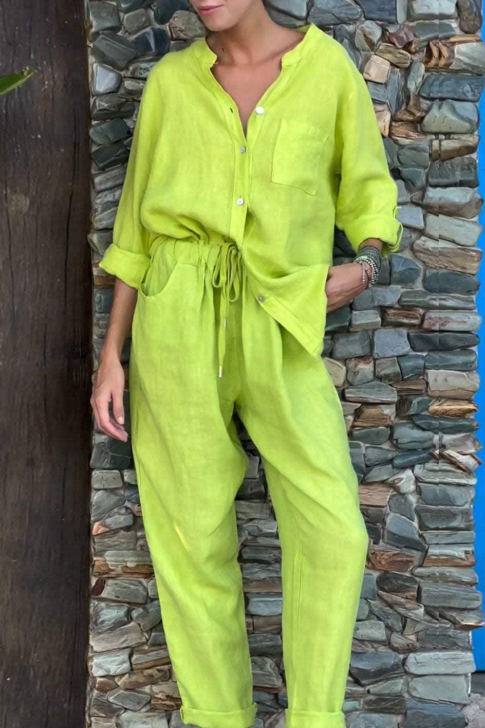 Casual Solid-Color V-Neck Cotton and Linen Two-Piece Set